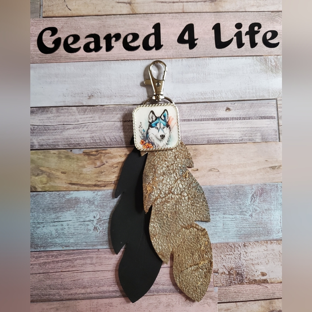 Husky Dog Handmade feather purse charm Keychain husky lover gift